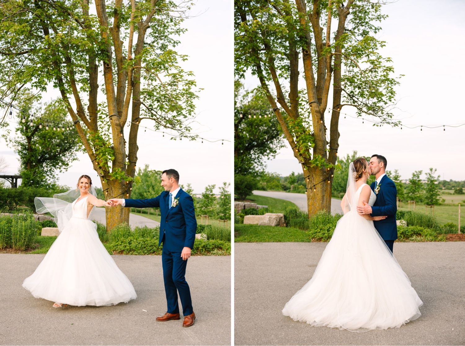 A couple shares a romantic dance pose under a towering tree with string lights.