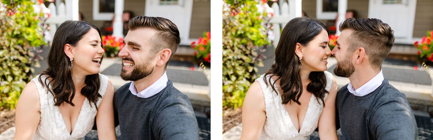 Two people share intimate laughs on a porch with floral decor.