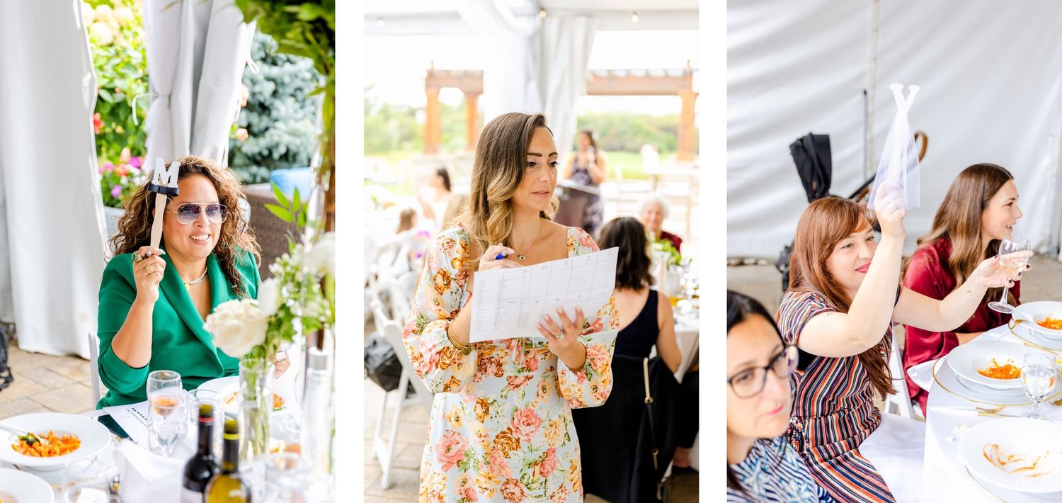 Collage of party guests raising glasses in celebration at an outdoor event.