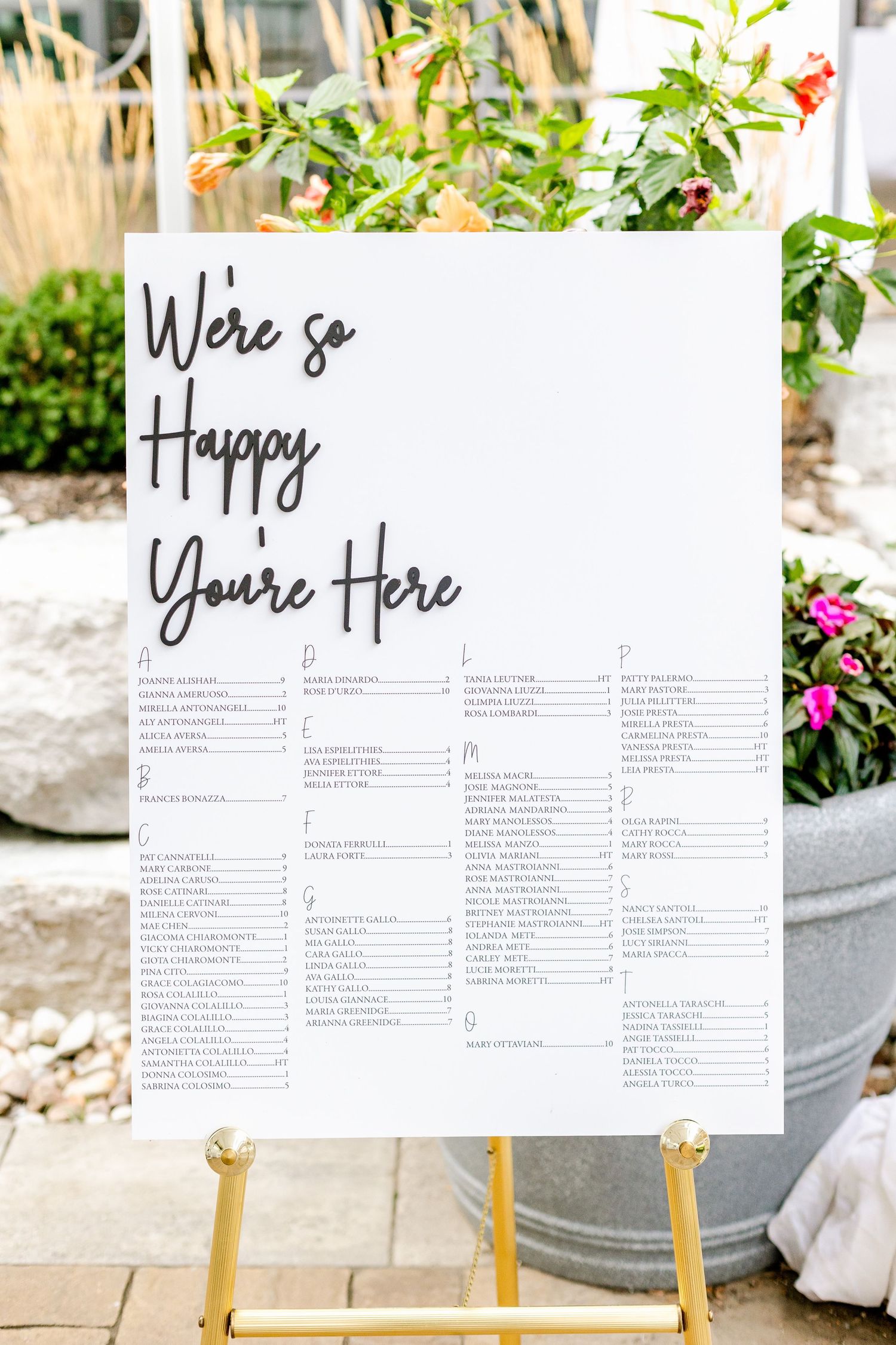 Wedding seating chart with 'We're So Happy You're Here' text displayed on white board with gold easel stand.