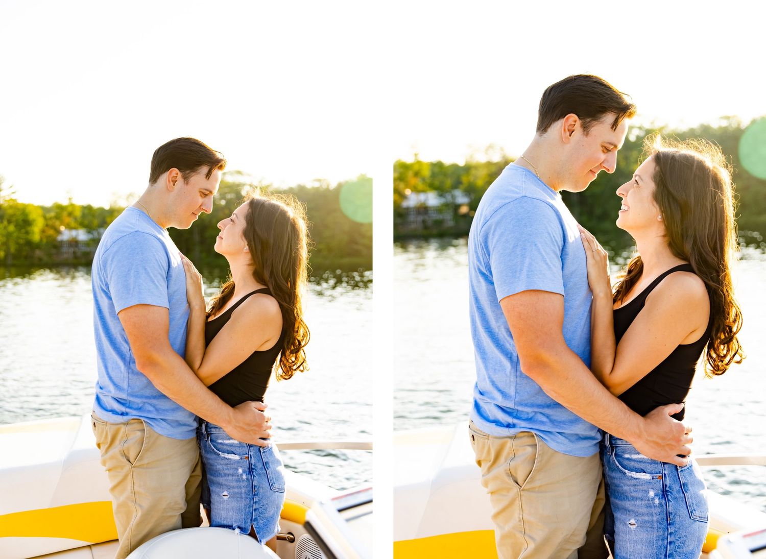 Romantic couple sharing intimate moments on a boat during golden hour sunset.