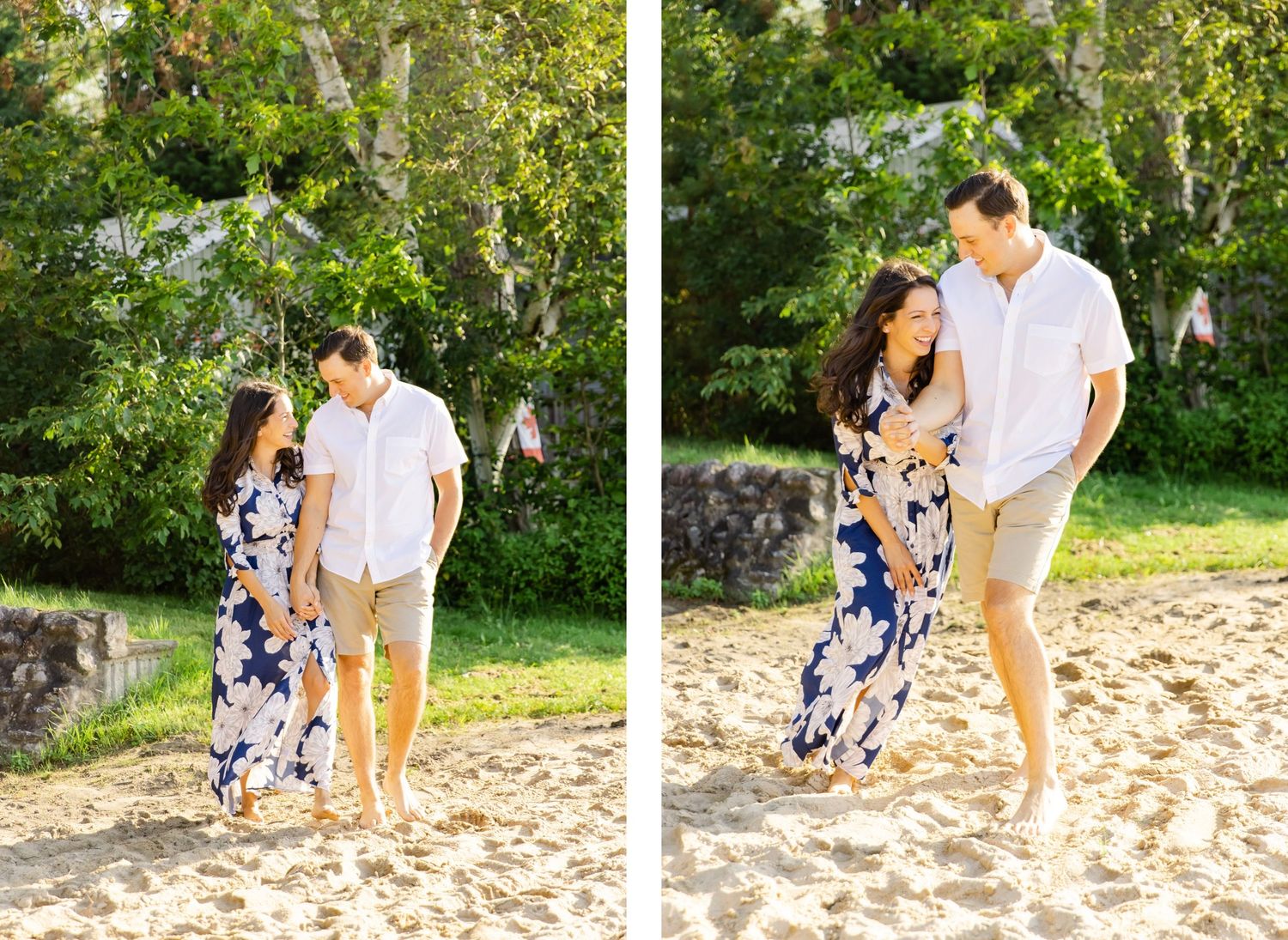 Two side-by-side photos of a couple strolling together on sandy beach near trees.
