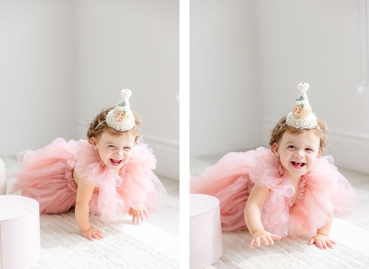 Joyful party scene with pink tulle dress and cone hat against white backdrops.