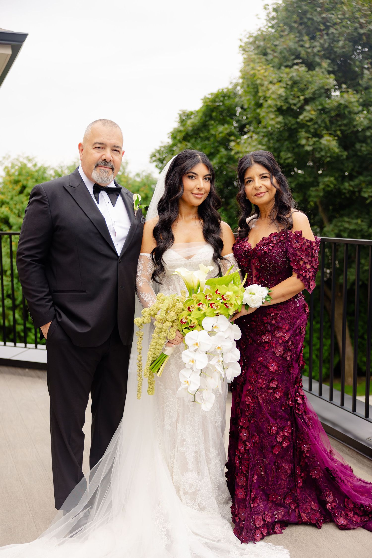 Four elegant wedding photos show the couple and bridesmaid in formal attire with a plum-colored sequin gown and white bouquet.