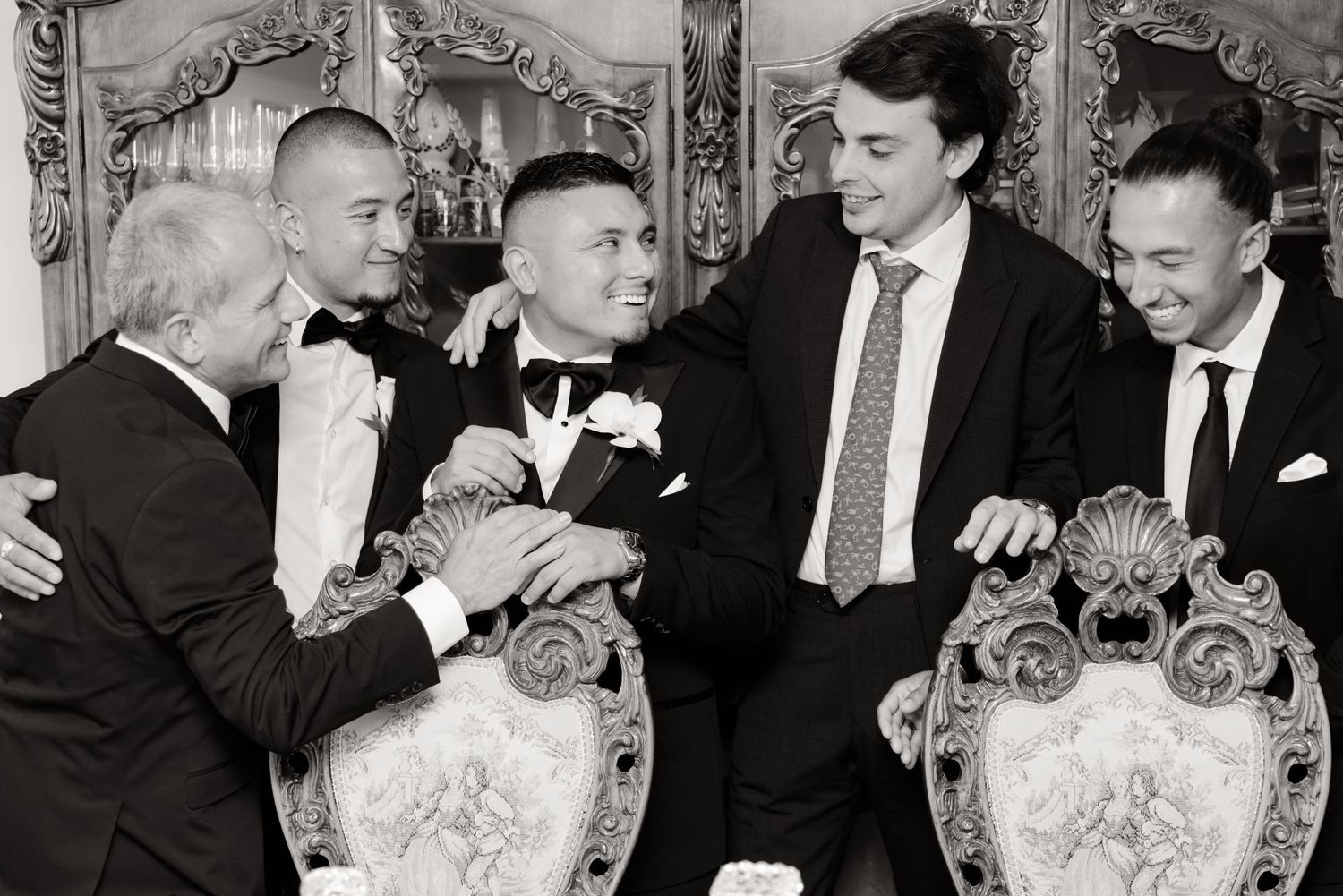 A series of vintage black and white wedding reception photographs showing guests and celebrations during various moments.