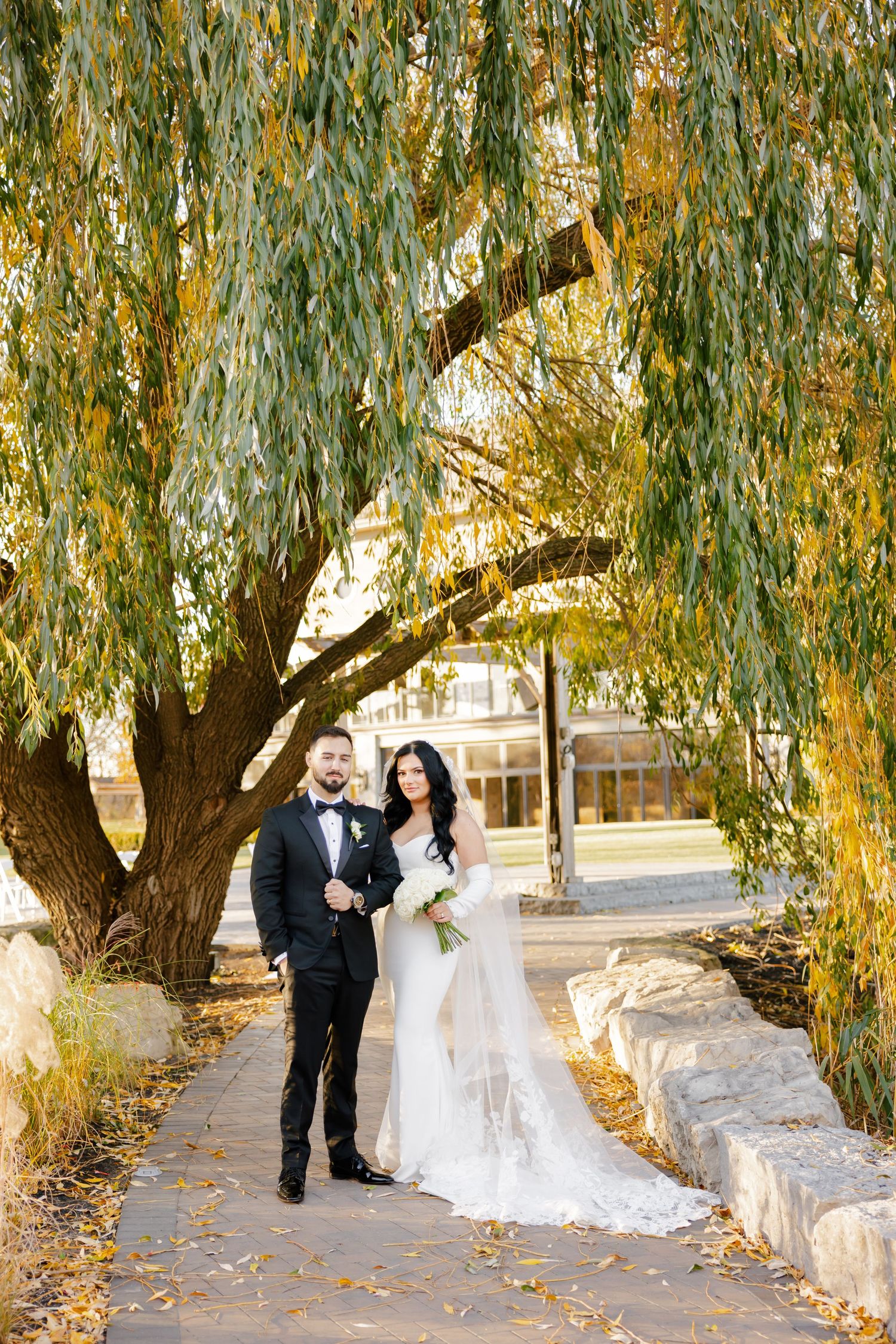 A couple poses under a golden willow tree on their wedding day, with the bride wearing an elegant white lace gown.