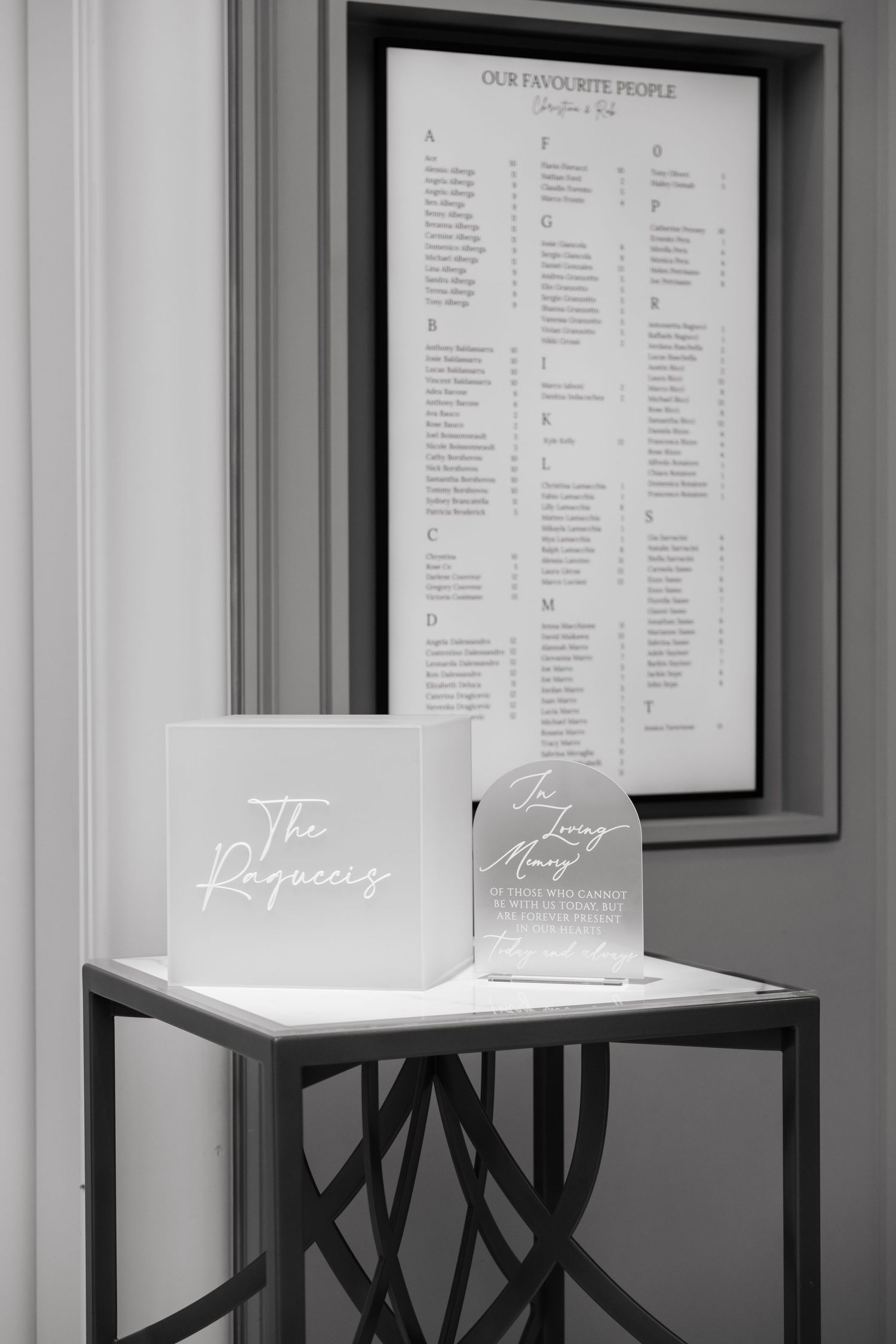 Black and white photo of signage displays on modern side table against wall with seating chart.