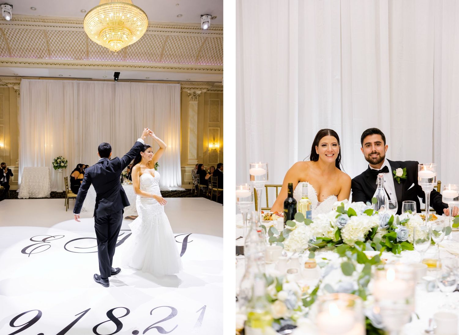 Wedding reception collage showing a dance moment and elegant table setting with white floral centerpieces.