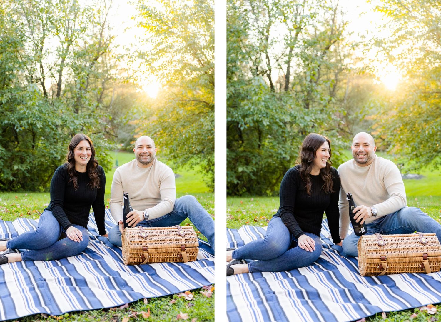 Side-by-side comparison of couple's picnic photos in evening sunlight.