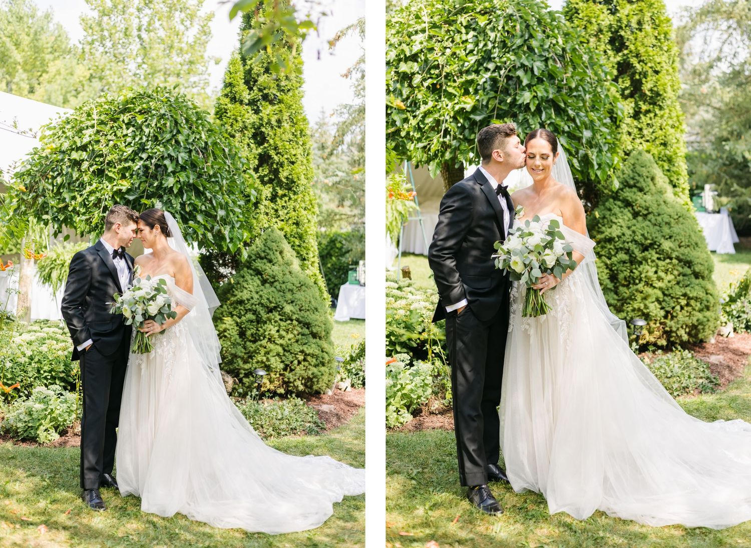 Wedding couple shares intimate moments in a beautifully landscaped garden setting.