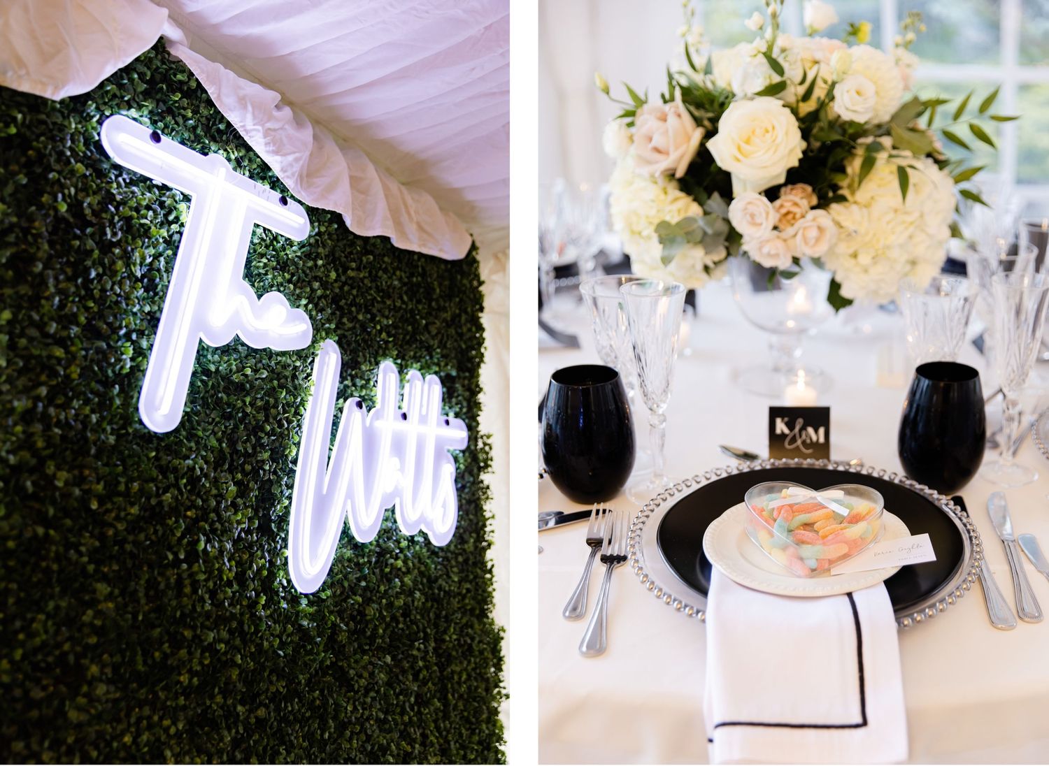 Modern wedding reception decor with neon sign against greenery wall and white floral table settings.