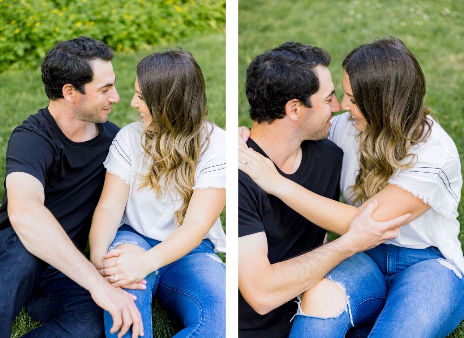Side-by-side romantic moments of a couple sitting together in a park setting.