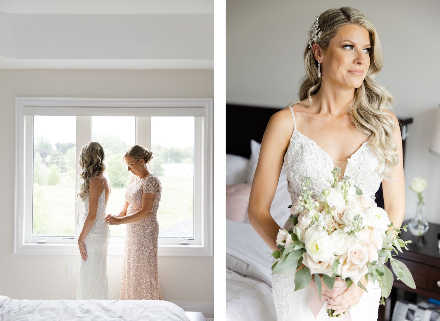 Two elegant women in formal dresses stand by a bright window in a wedding setting with soft lighting.
