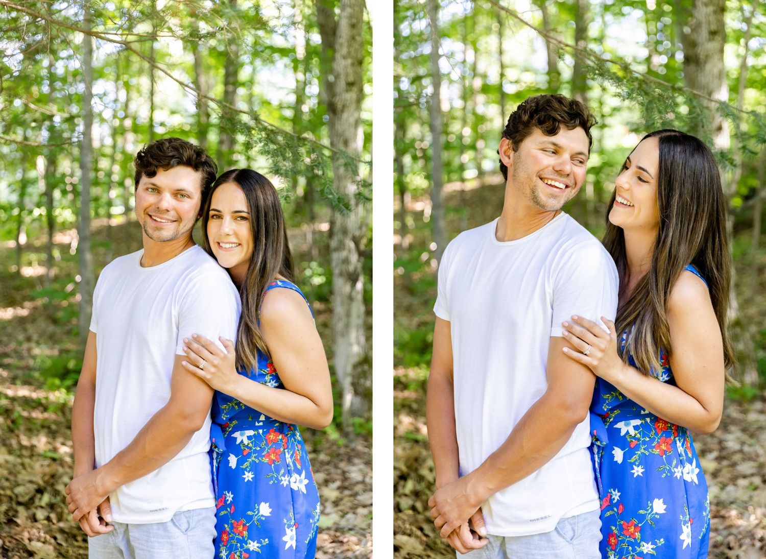Side-by-side photos showing couple embracing and laughing in a sunny forest setting.