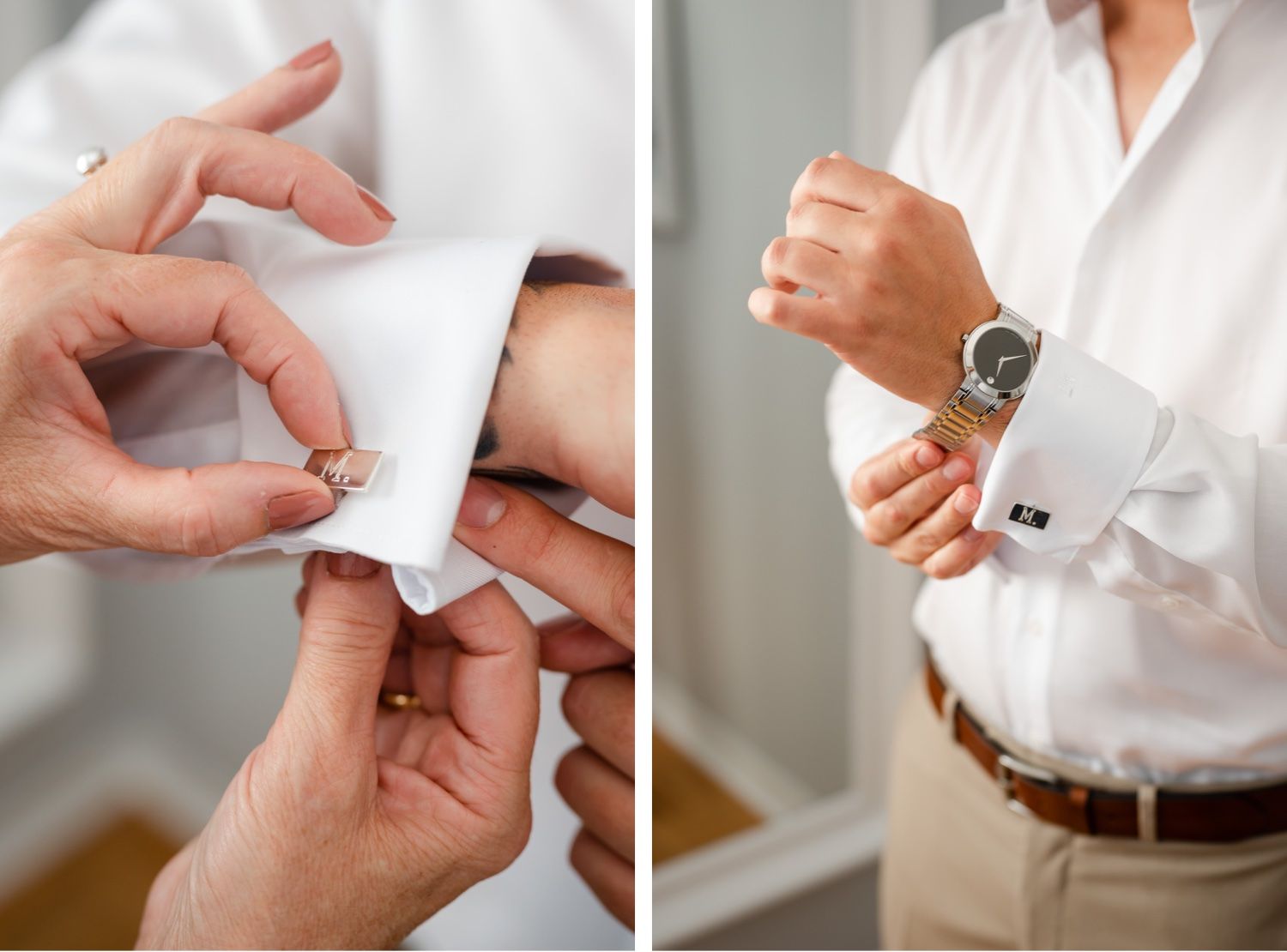 Wedding detail shots of cufflink adjustments and formal wear preparations.