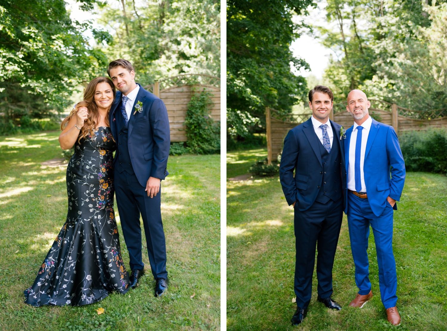 Formal outdoor portraits featuring elegant black gown and navy suits in garden setting.