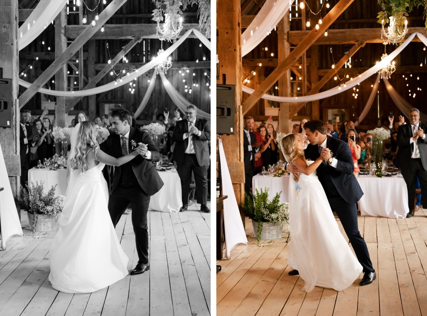 First dance moment captured in rustic barn venue with twinkle lights.