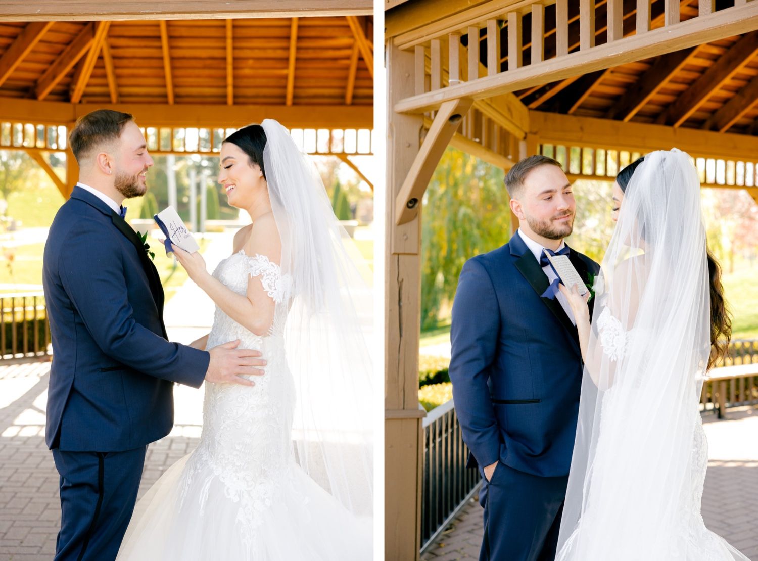 Intimate wedding photos taken under wooden gazebo with natural lighting.