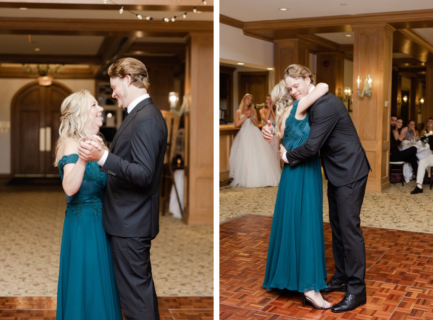 Two dance moments captured showing couples in formal attire dancing on a wooden parquet floor.