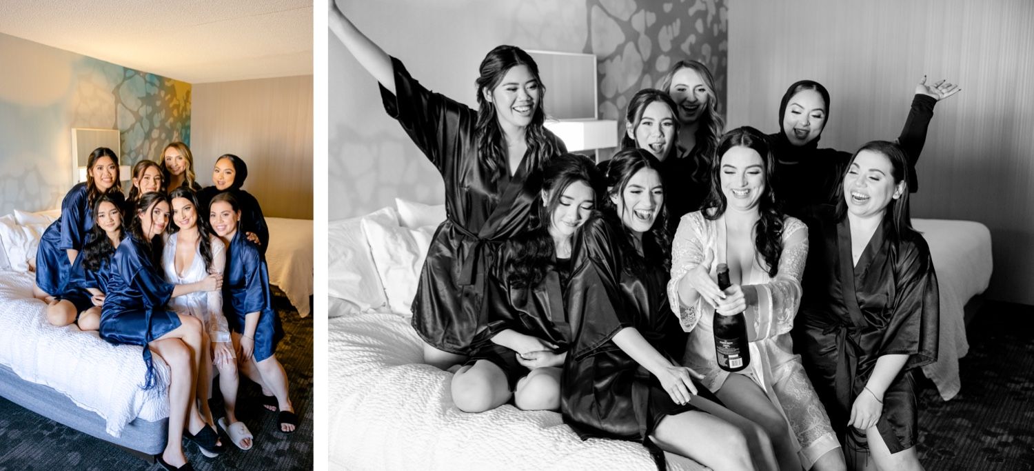 Wedding party in matching robes poses together on bed in both color and black and white shots.