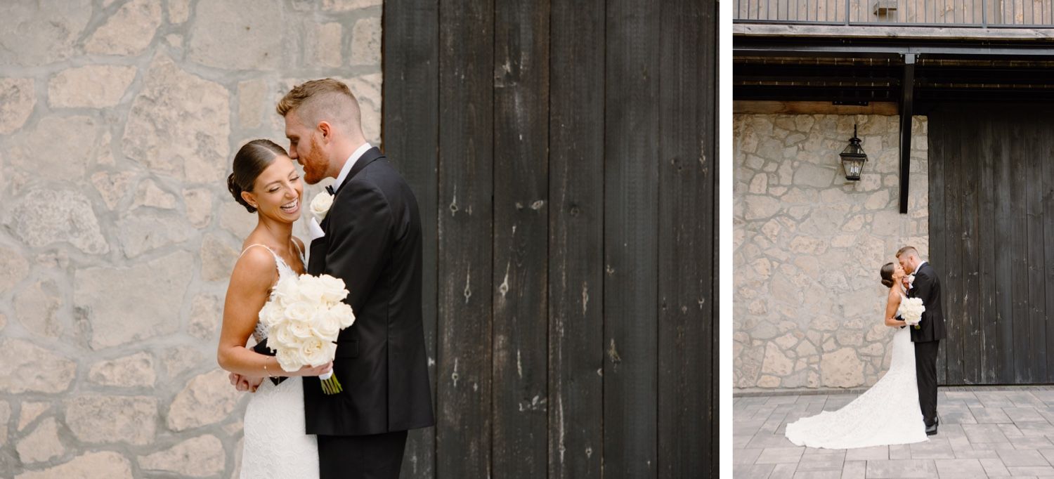 Wedding couple portraits in various compositions against stone wall and wooden door.