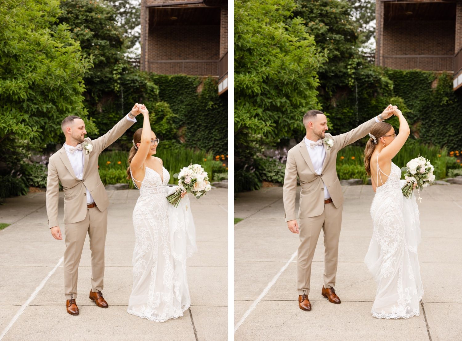 Dancing wedding couple spins joyfully on stone patio.