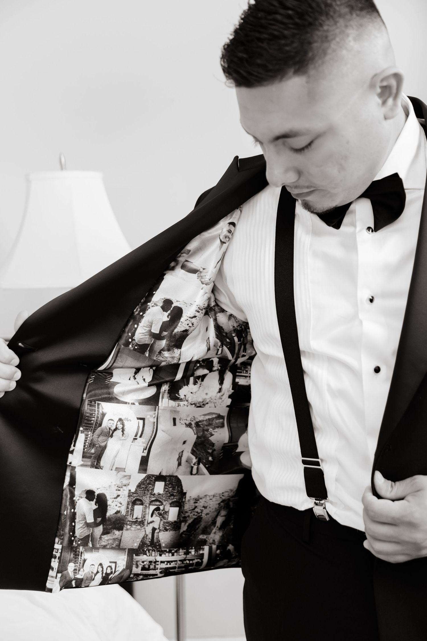 A series of romantic black and white wedding photos showing the groom adjusting bowtie and suspenders.