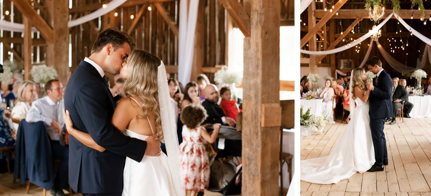 A romantic first dance in a rustic barn venue decorated with string lights and wooden beams.