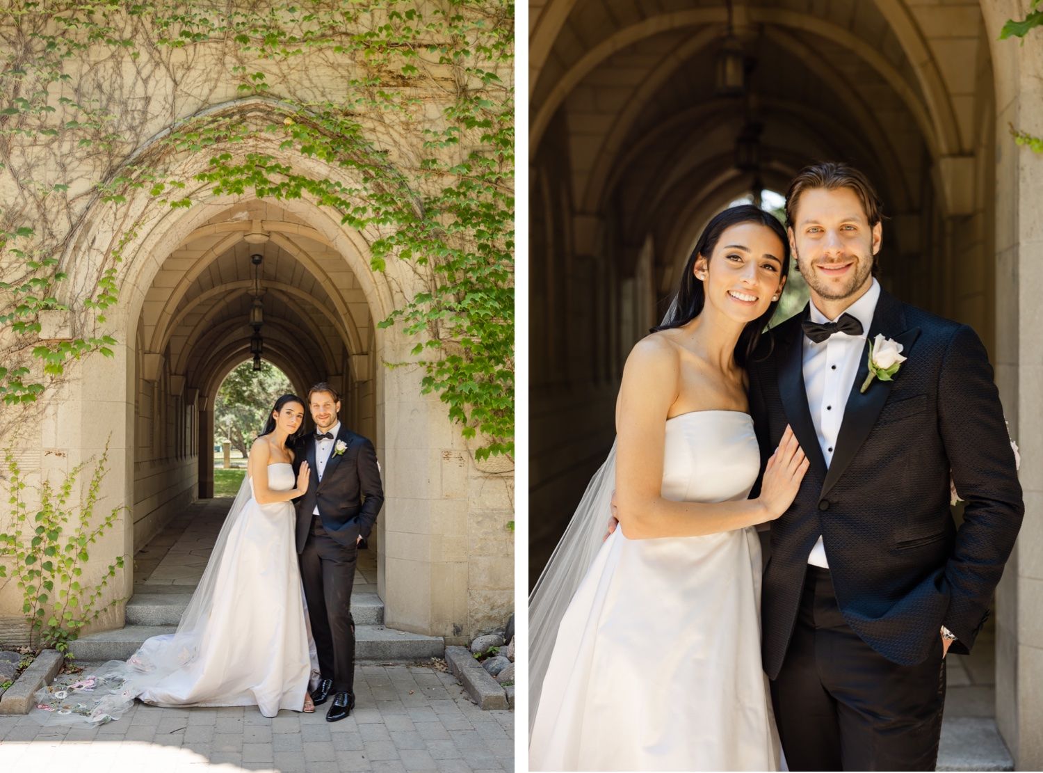 Elegant wedding couple poses in gothic stone archway covered with ivy at luxury venue.