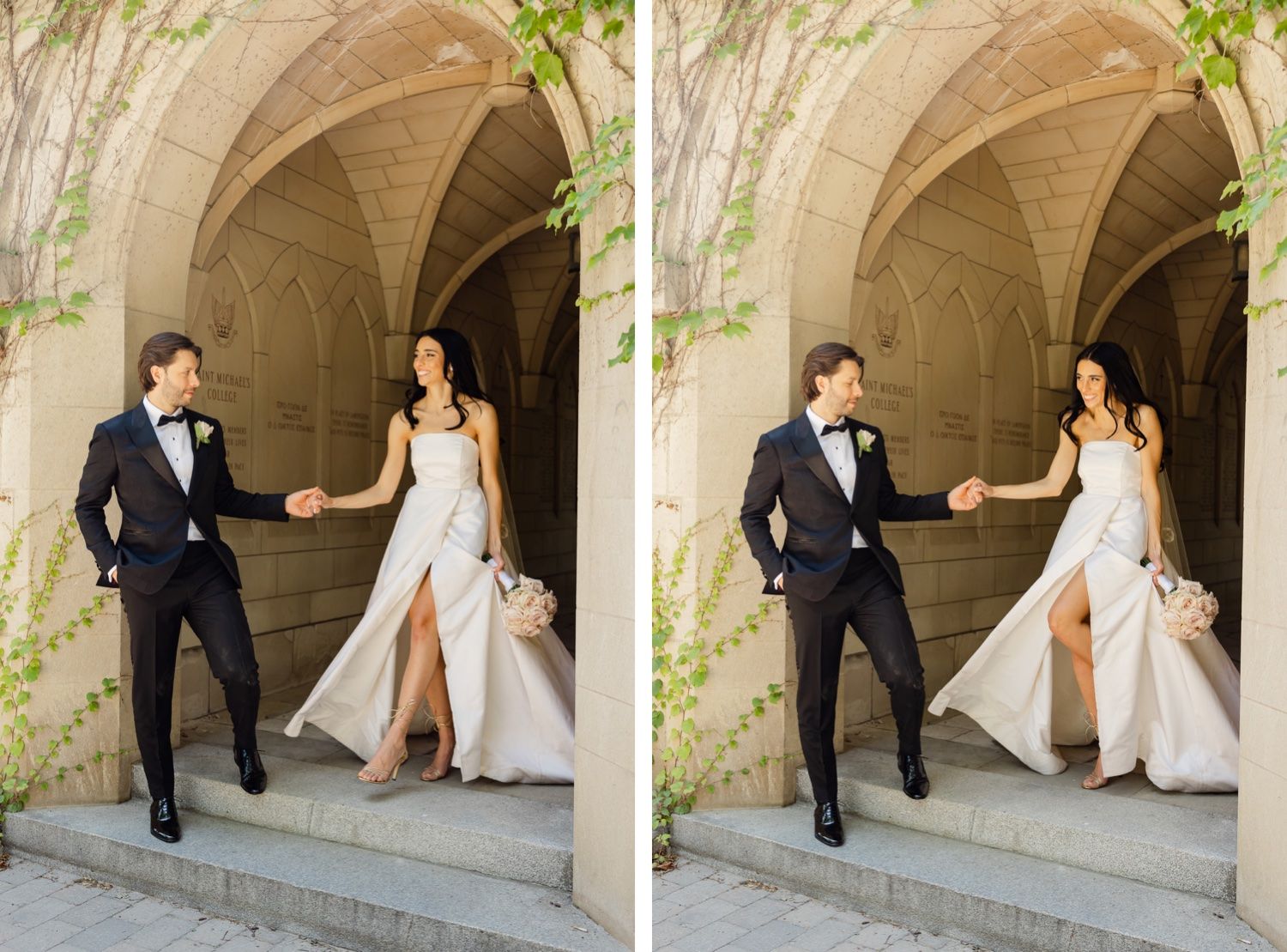 A couple dances playfully in an archway during their wedding photoshoot.