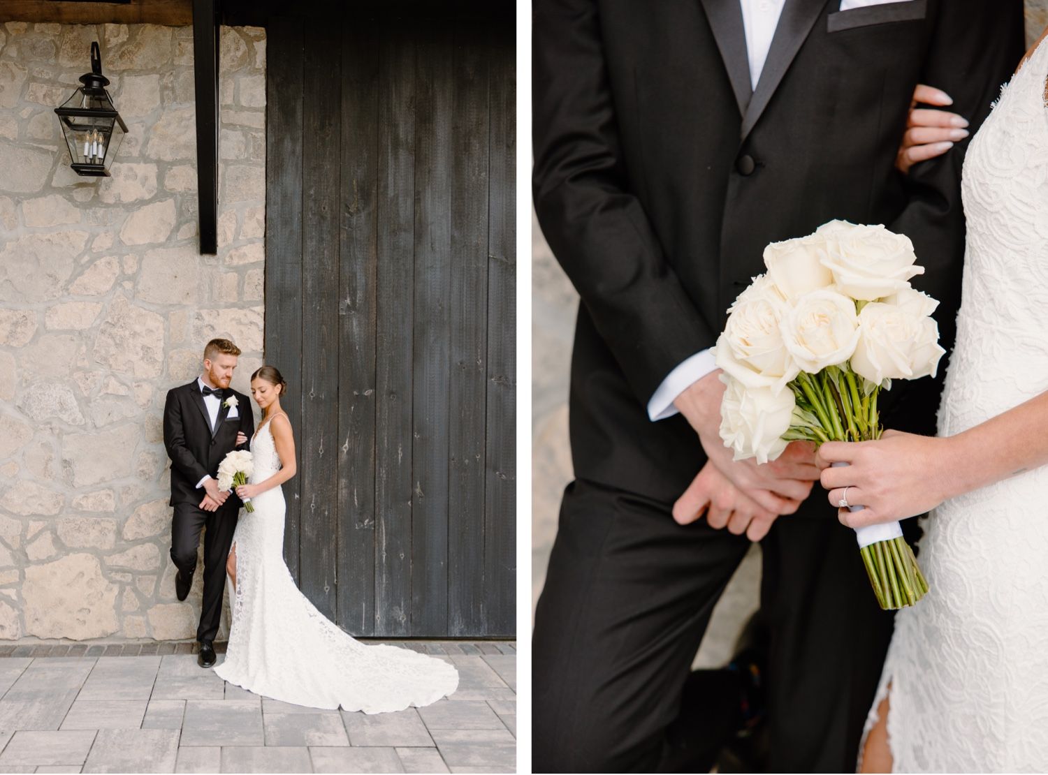 Wedding portrait and closeup of white rose bouquet next to formal attire.