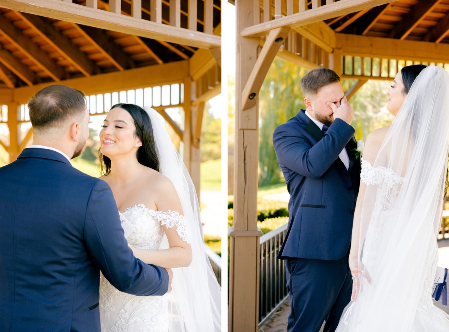 Candid wedding moments captured under rustic wooden gazebo structure.