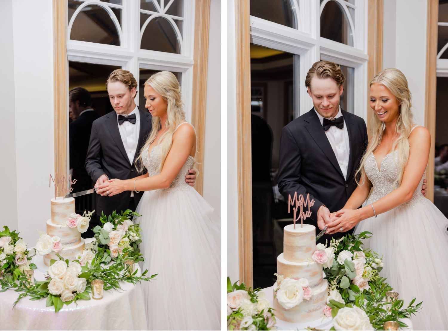 Split view of newlyweds cutting their wedding cake decorated with greenery and flowers.