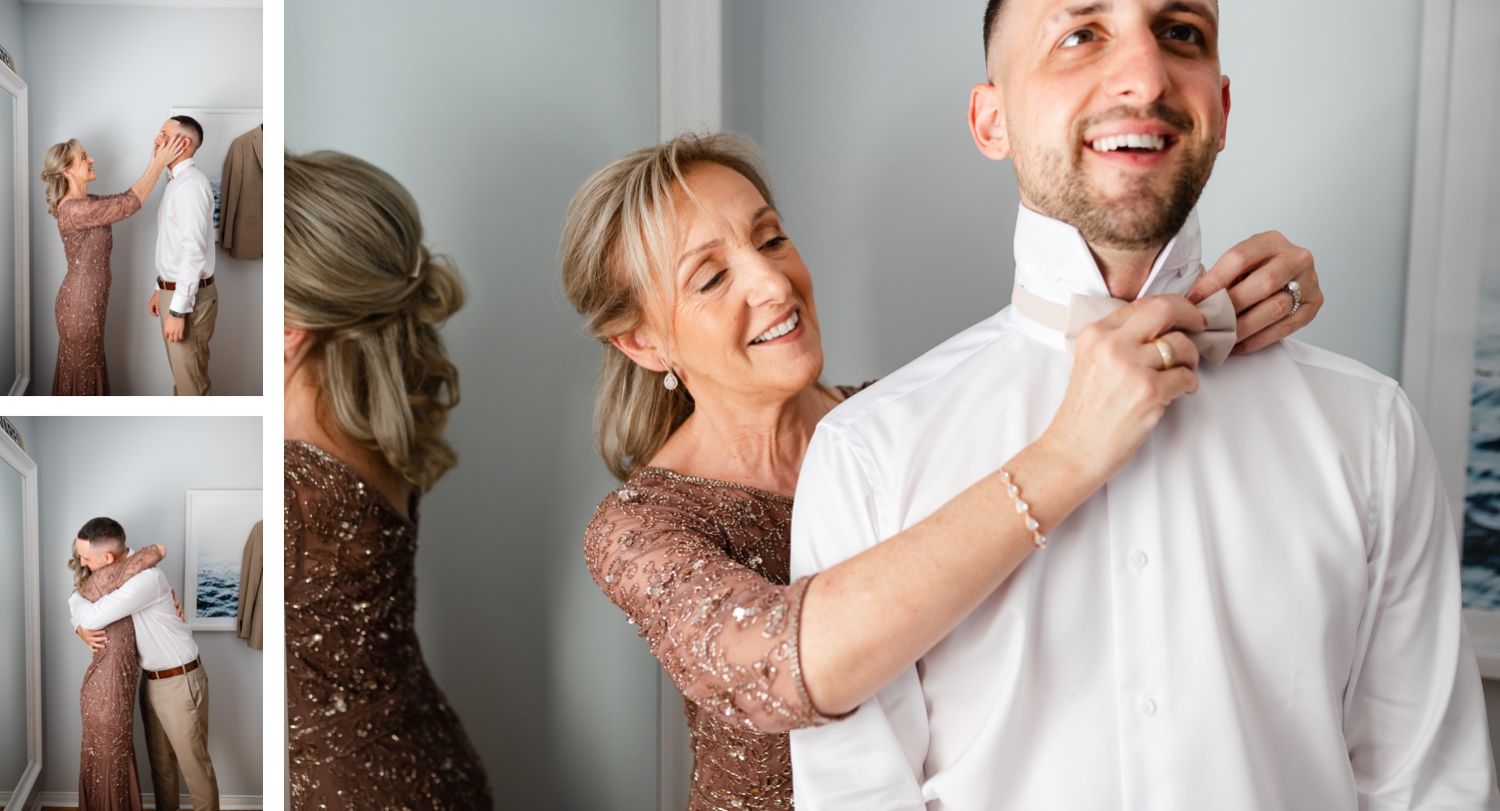 Getting ready for a wedding with a sparkling brown dress and white dress shirt in an intimate home setting.