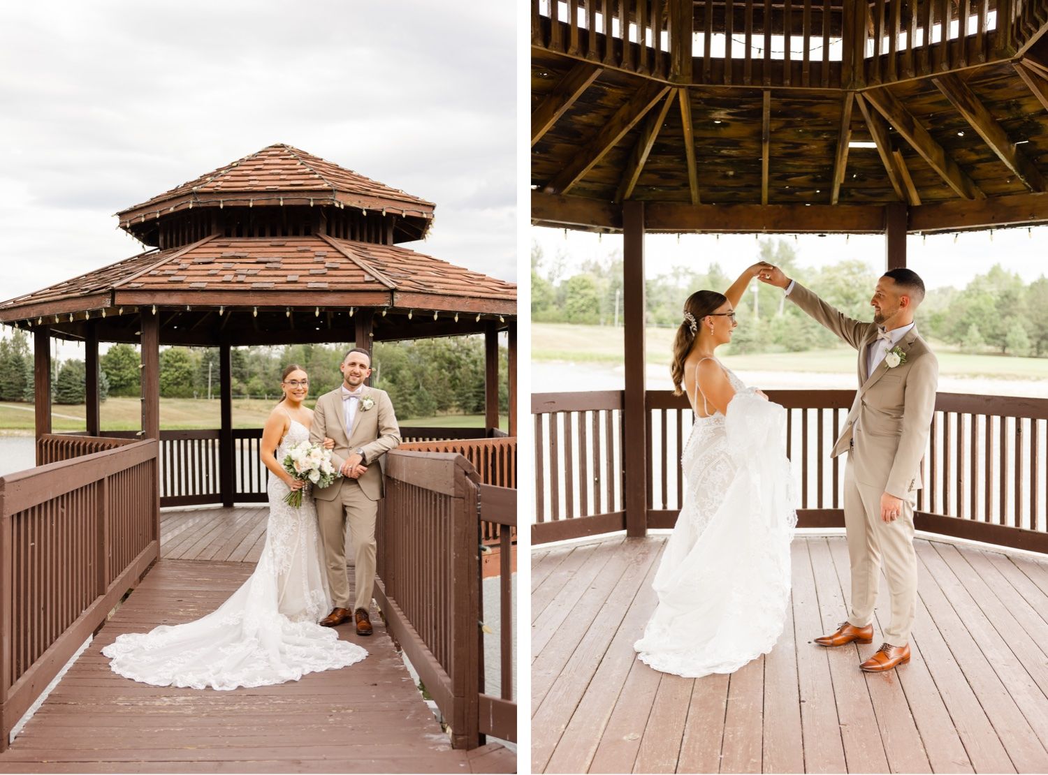Two wedding photos showing a couple in a brown wooden gazebo, one dancing and one posing together.