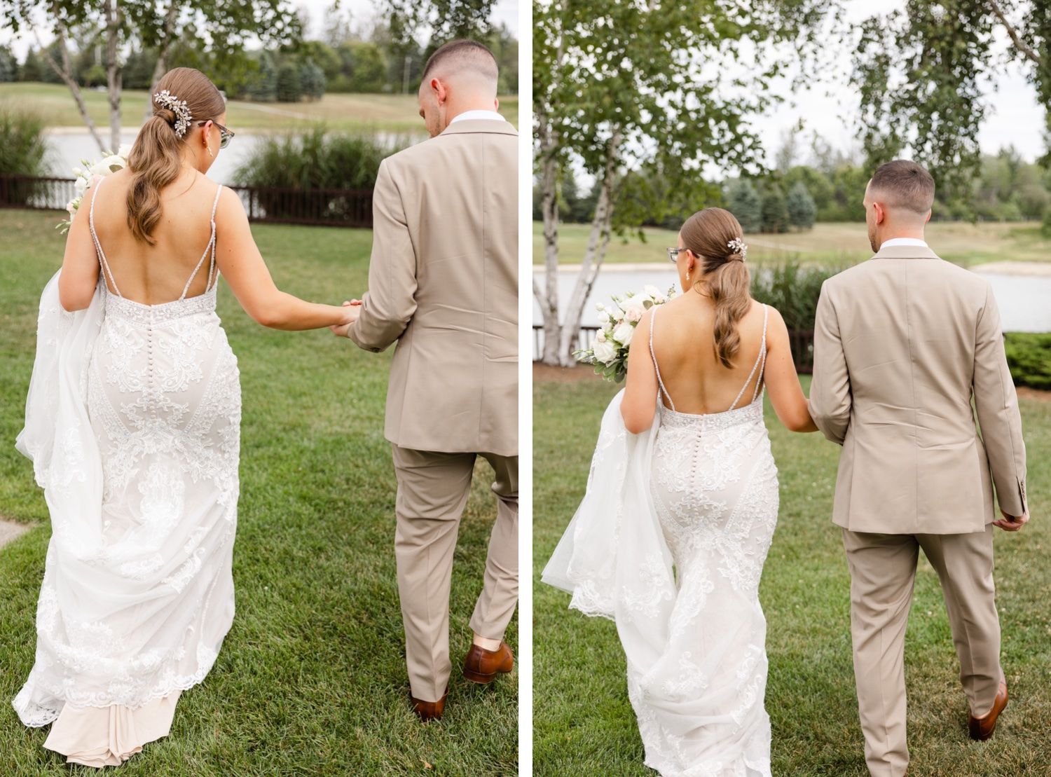Newlyweds walking together outdoors, bride in white lace gown and groom in tan suit.