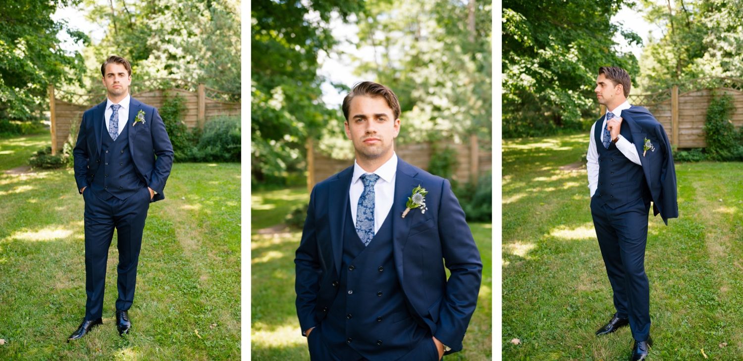 Three-photo collage of formal navy suit portraits in a garden setting.