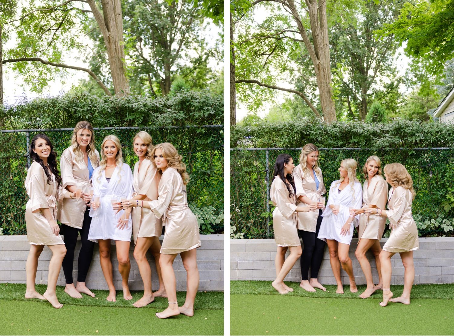 Wedding party in matching robes poses together on outdoor patio during pre-ceremony preparations.