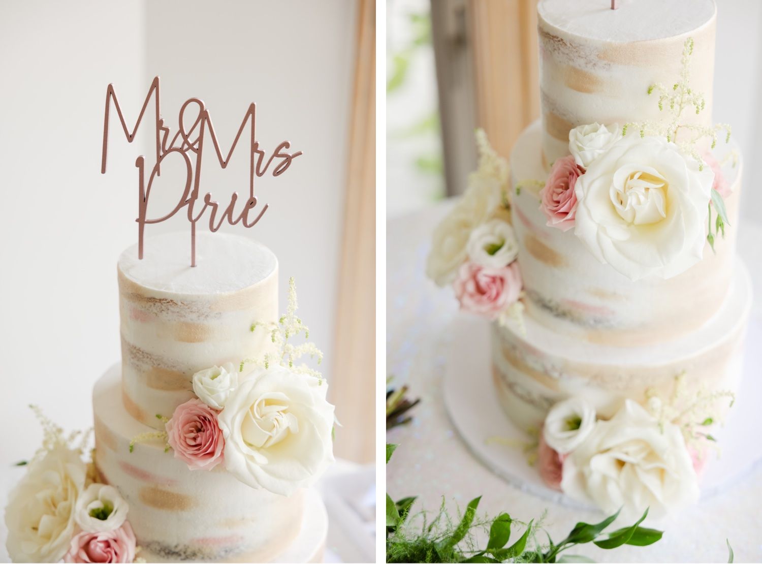 Semi-naked wedding cake decorated with white roses and 'Mr & Mrs Pine' gold cake topper.