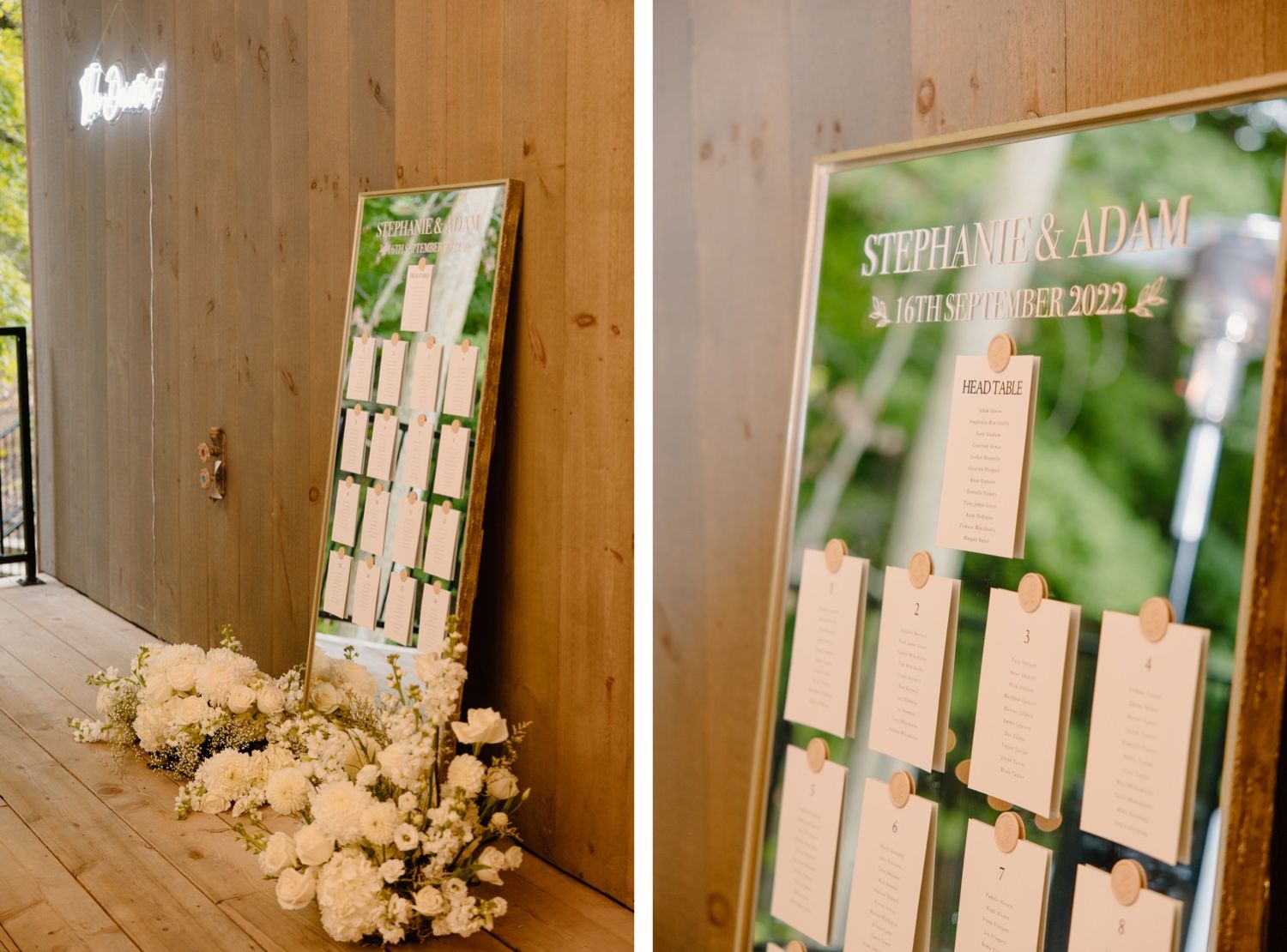 Wedding seating chart display with white floral decorations in rustic wooden interior.