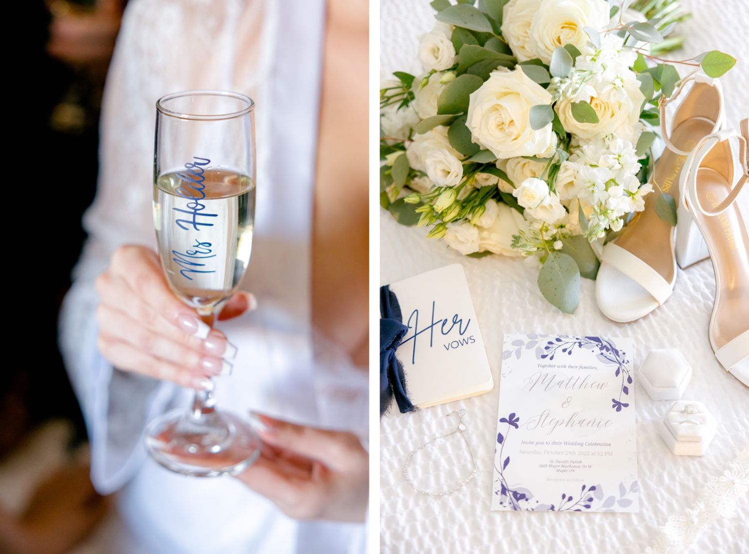 Wedding details featuring a champagne glass and elegant stationery with white floral bouquet and heels.