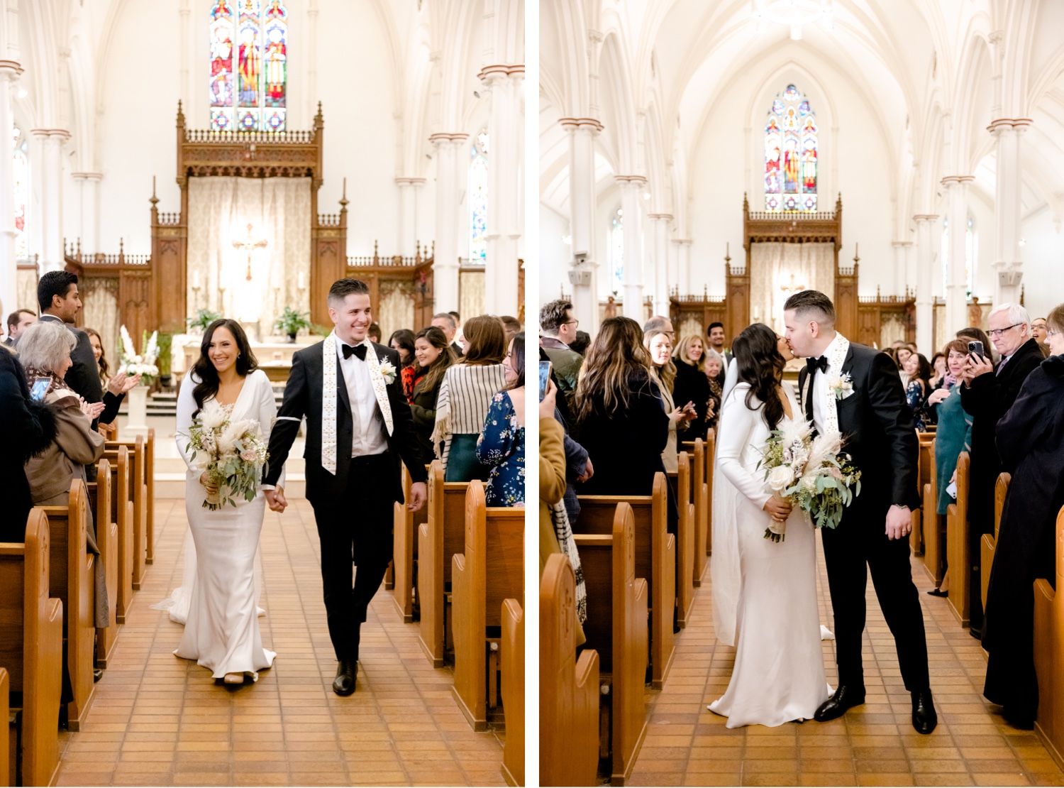 Joyful newlyweds walking down the church aisle after their ceremony as guests look on.