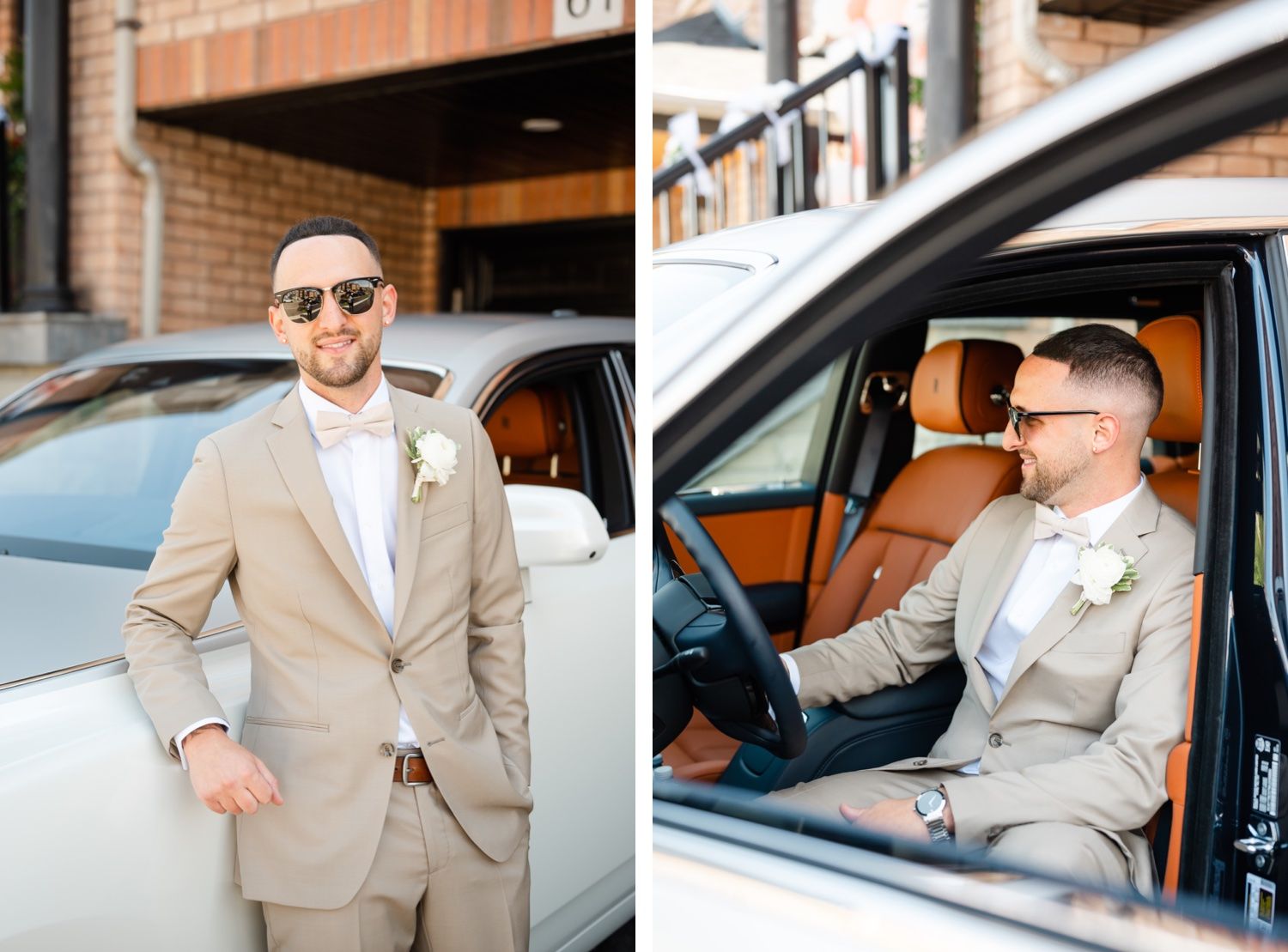 Two views of groom in beige suit posing with and sitting in luxury white car.