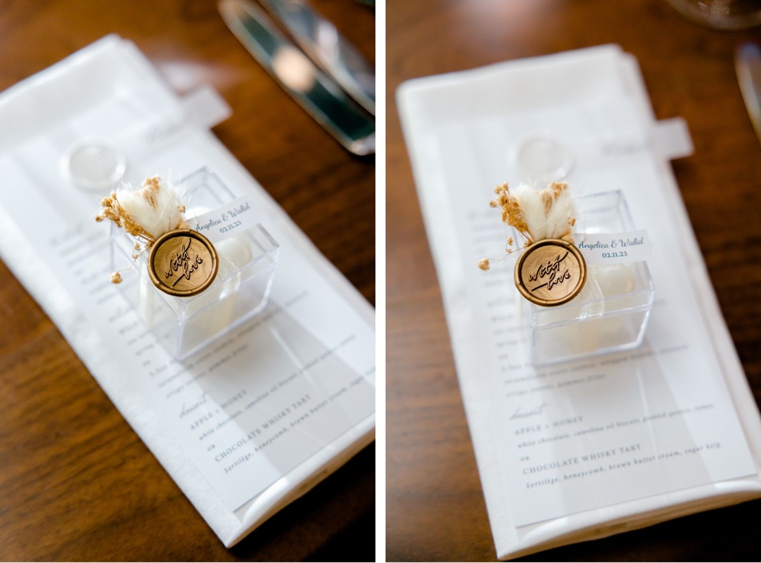 Wedding menu with gold wax seal detail displayed on white linen napkin.