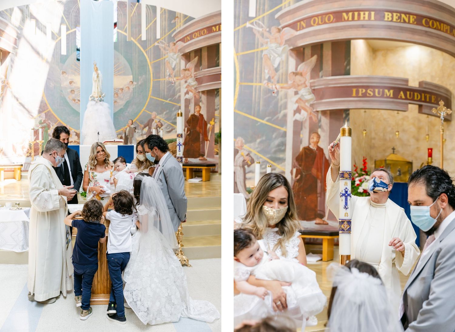 A religious ceremony taking place in an ornately decorated church with murals and columns.