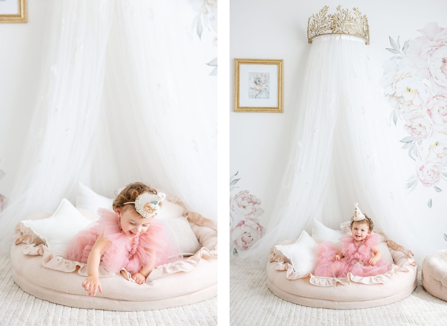 Elegant nursery setting with floral wallpaper and plush seating adorned in pink and white decor.