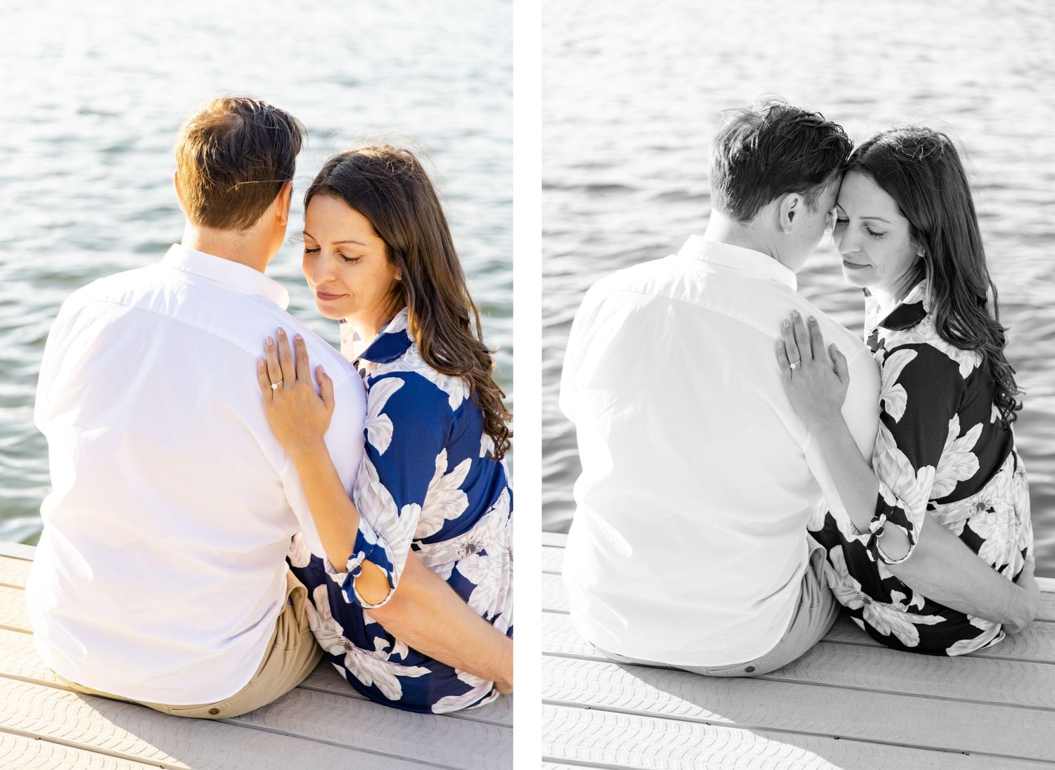 Intimate lakeside dock portraits of couple in coordinated outfits in color and black and white.