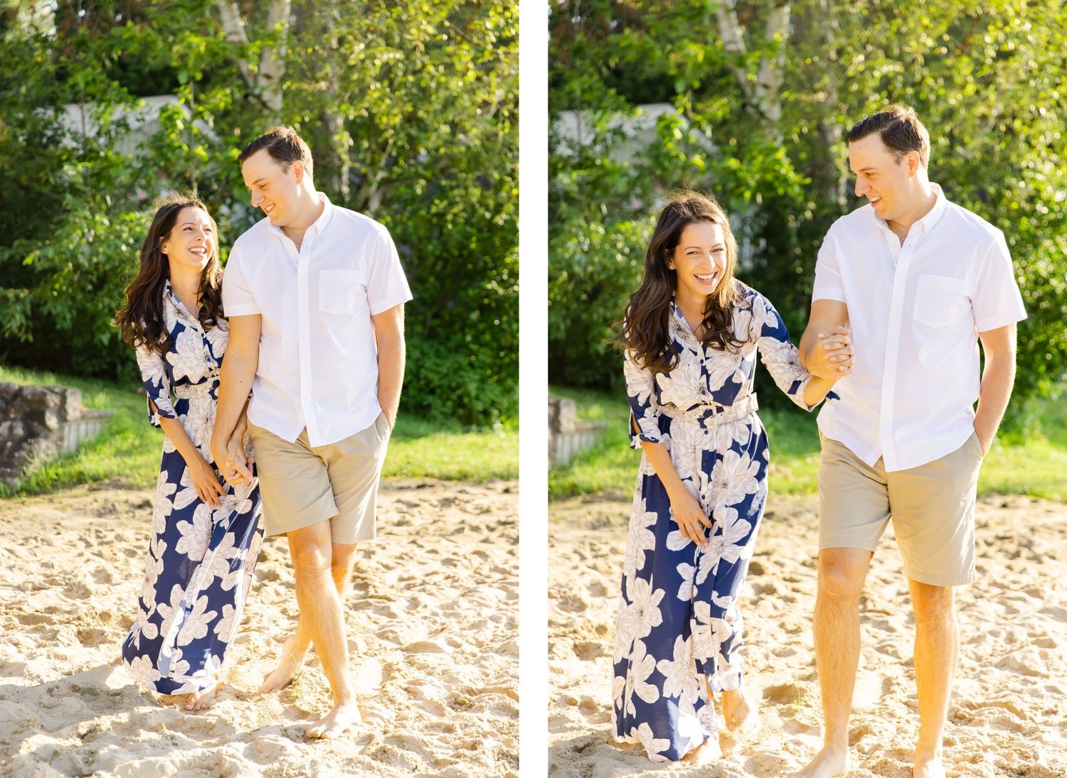 Romantic couple in coordinated outfits walking together on beach while sharing candid moments.