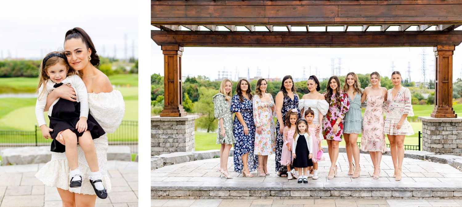 Three candid photos showing celebration moments under a pergola and on outdoor patio.