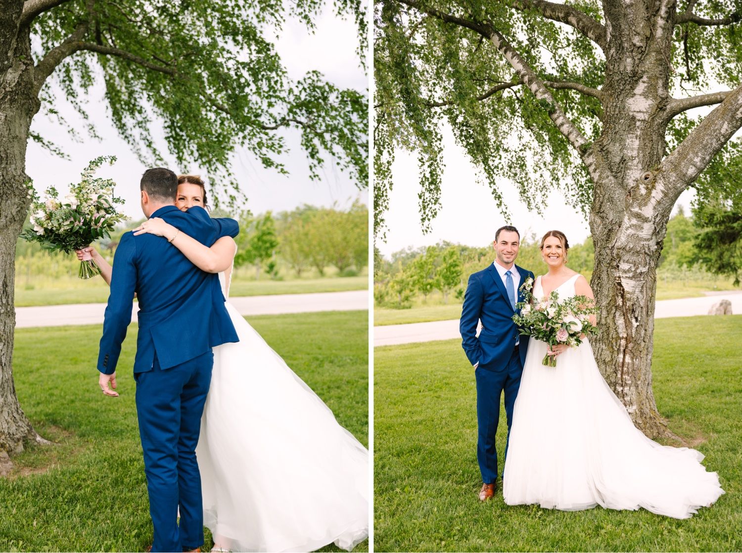 Romantic wedding portraits beneath a weeping willow tree in an outdoor garden setting.